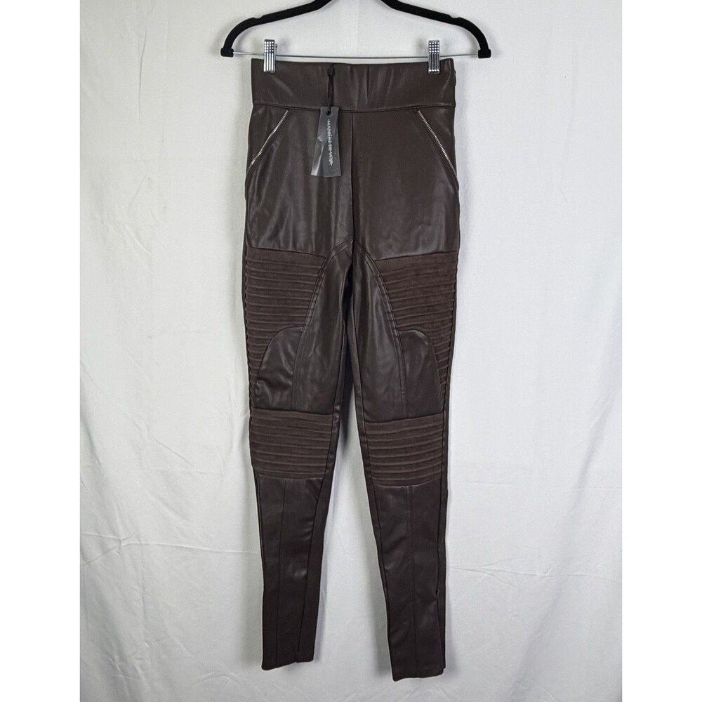 Maniere De Voir Sz Small Vegan Leather Moto Zippered Leggings Brown NWT